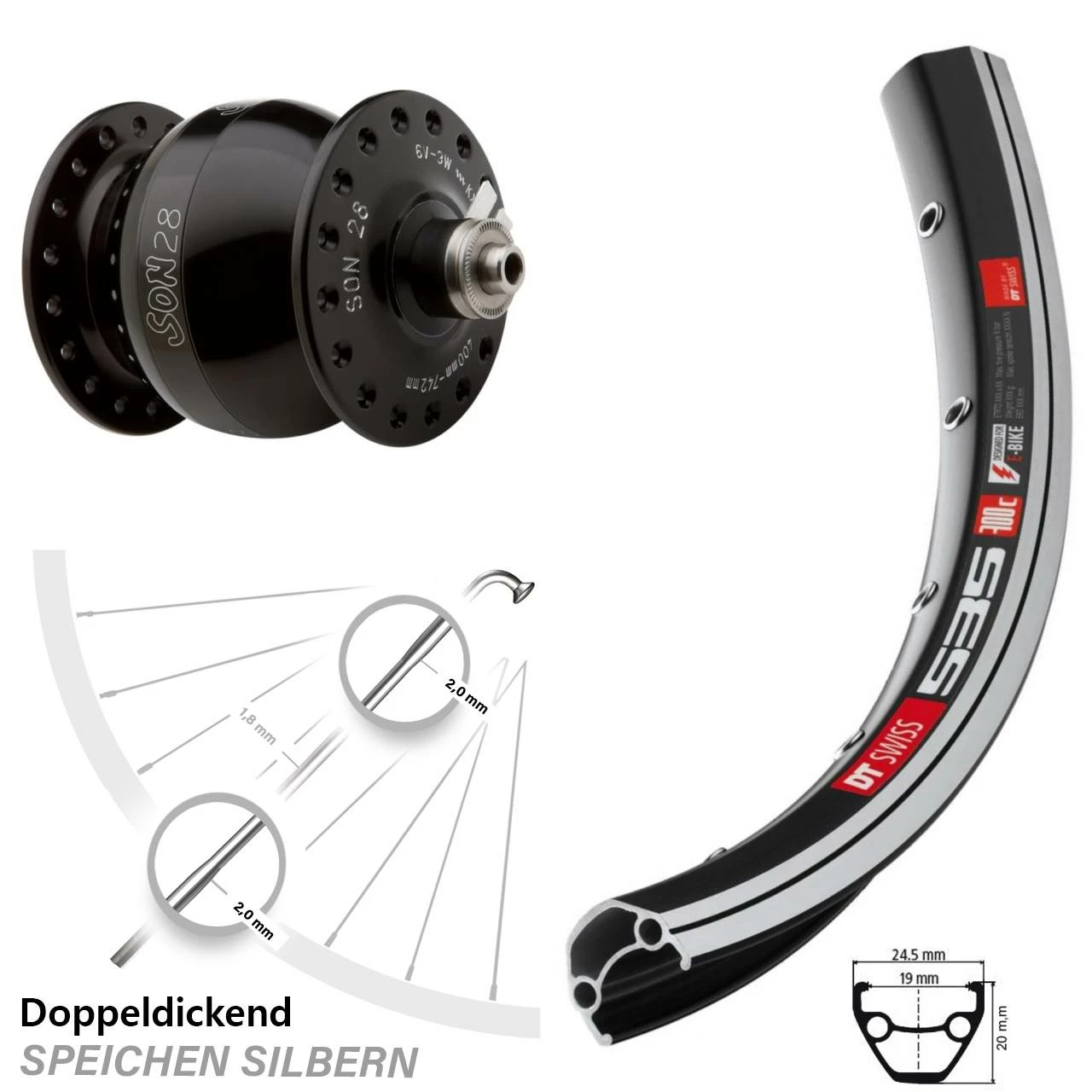 Dt-swiss Nabendynamo Vorderrad Son 28 DT Swiss 535 28 Zoll 1 Dt-swiss Nabendynamo Vorderrad Son 28 DT Swiss 535 28 Zoll