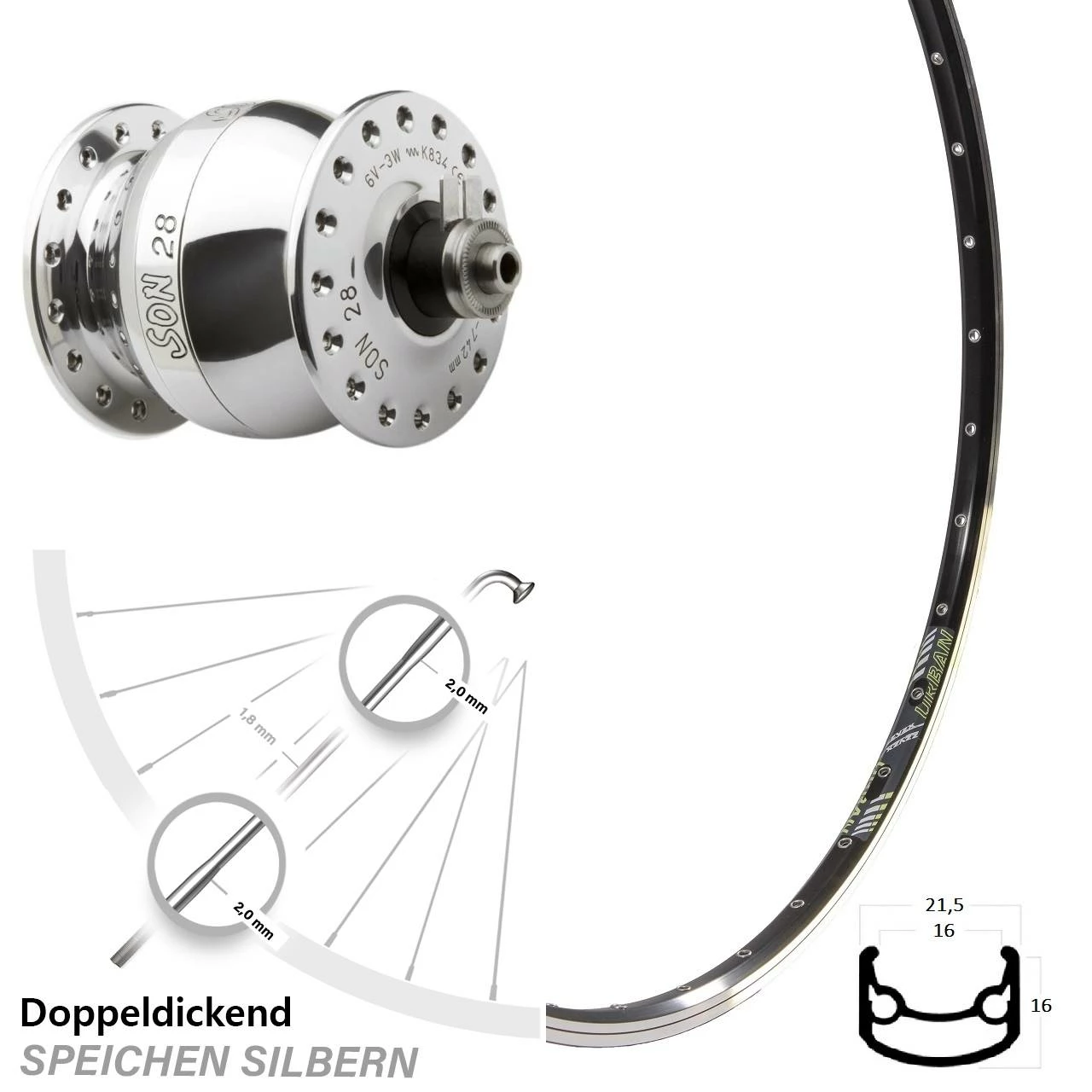 28 Zoll Nabendynamo Vorderrad DRC ST 16 Schwarz Son 28 Poliert 1 28 Zoll Nabendynamo Vorderrad DRC ST 16 Schwarz Son 28 Poliert