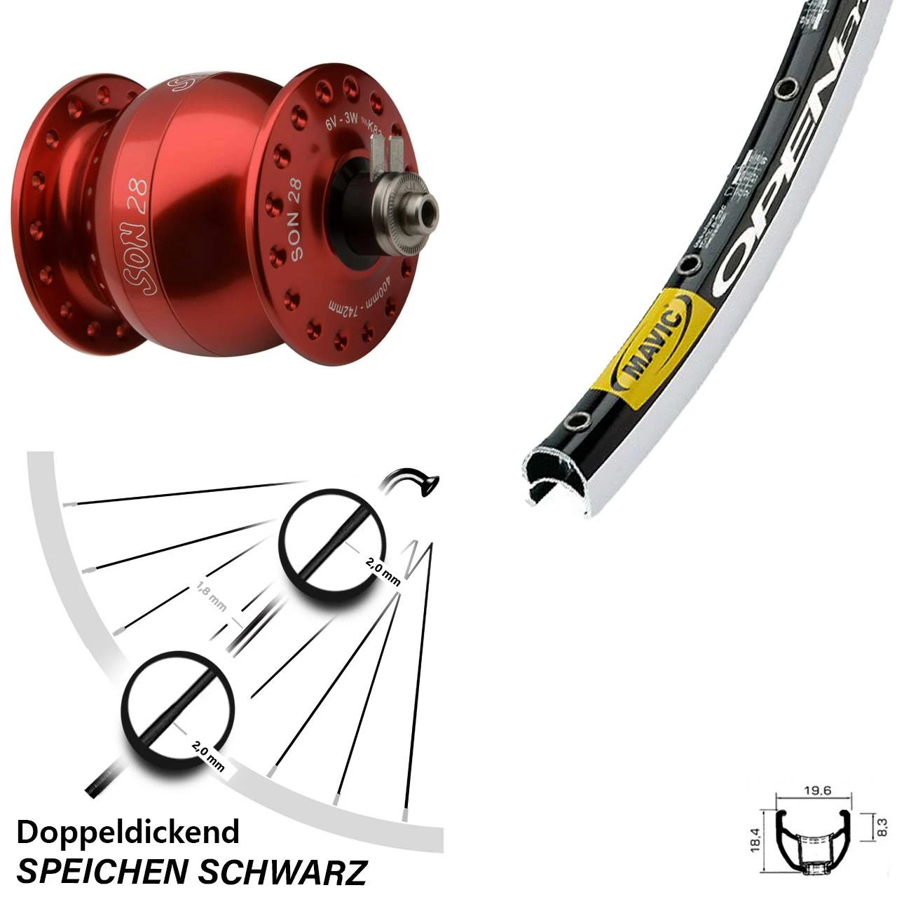 Rennrad Nabendynamolaufrad Mavic Open Pro SUP Son 28 Rot 1 Rennrad Nabendynamolaufrad Mavic Open Pro SUP Son 28 Rot