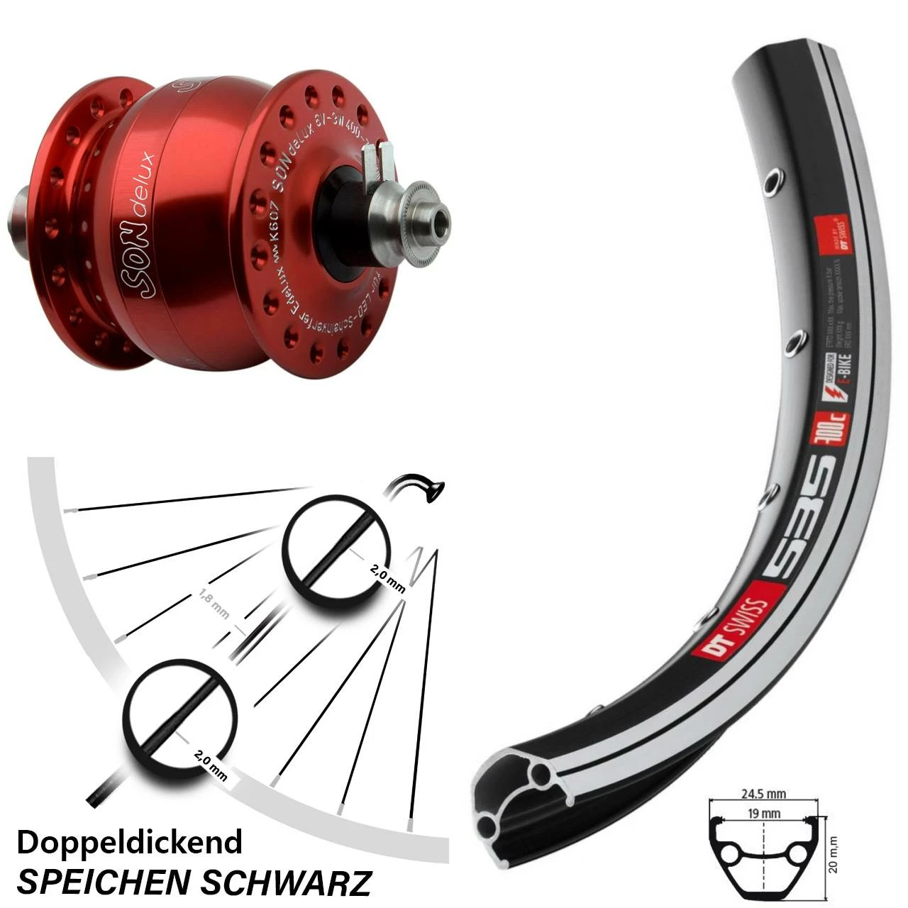 Dt-swiss 26 Zoll Nabendynamo Vorderrad Son Delux Rot DT Swiss 535 1 Dt-swiss 26 Zoll Nabendynamo Vorderrad Son Delux Rot DT Swiss 535