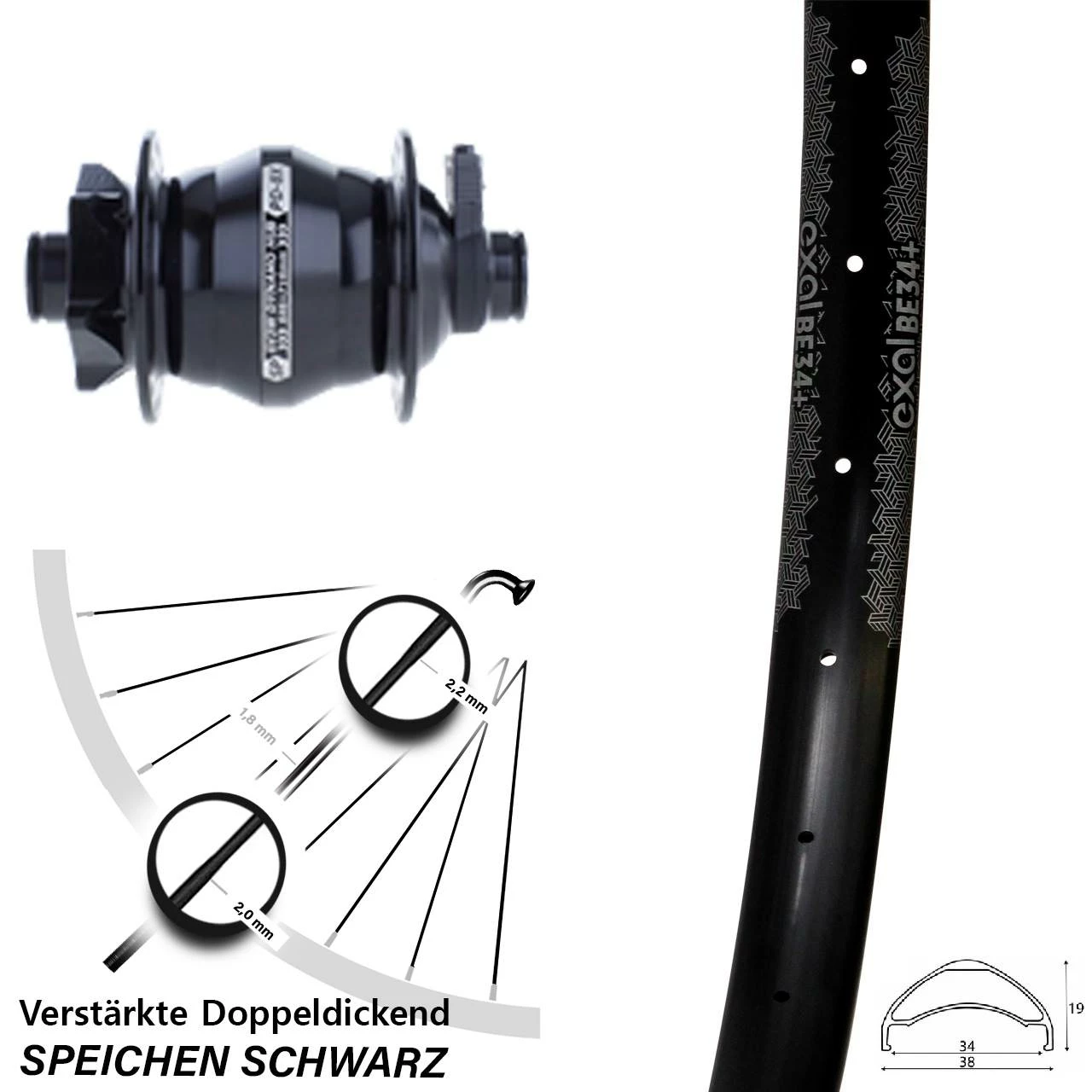 Vorderes Laufrad 29 Zoll Exal BE34+ Schwarz Shutter Boost Nabendynamo 6-Loch 1 Vorderes Laufrad 29 Zoll Exal BE34+ Schwarz Shutter Boost Nabendynamo 6-Loch