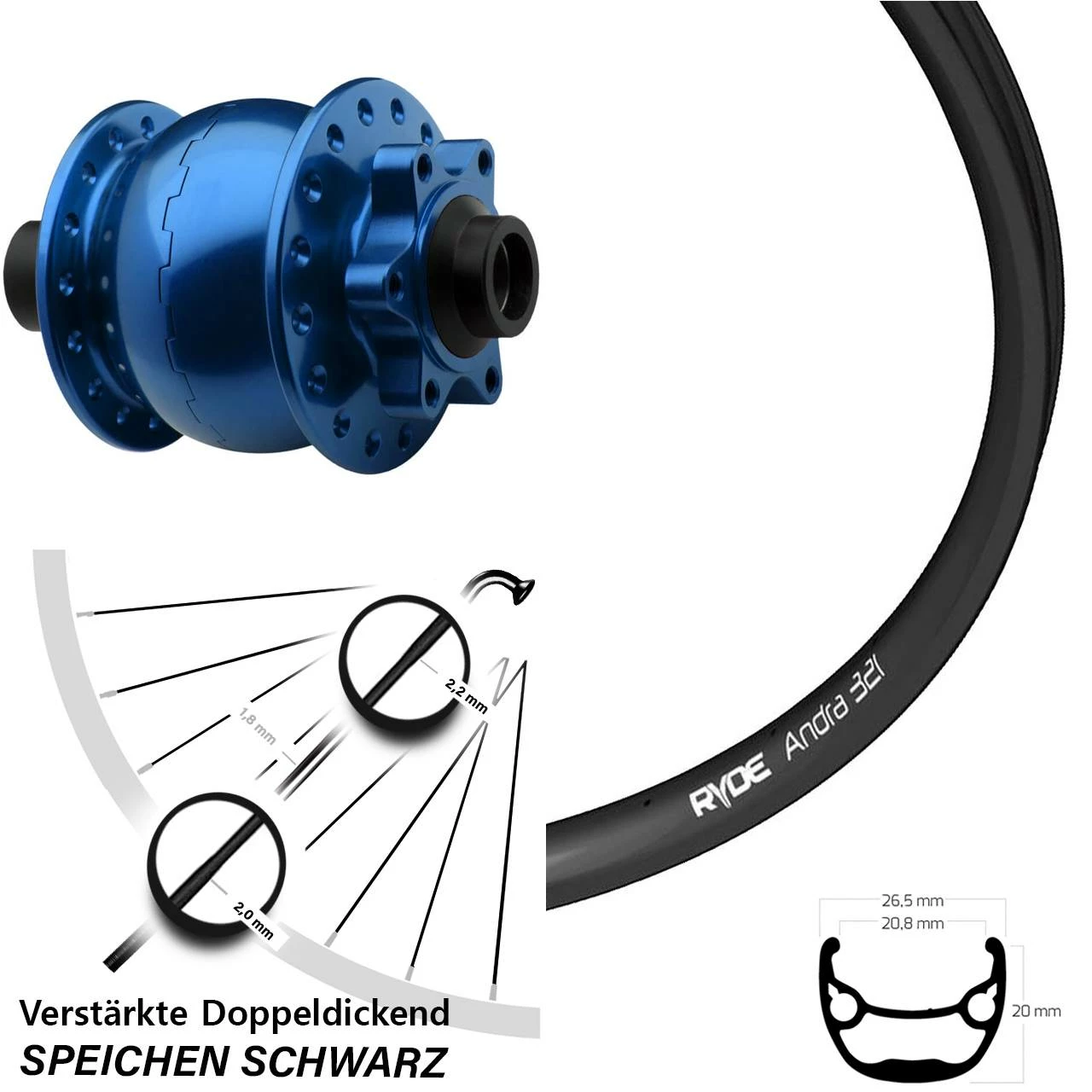 Vorderrad 27,5 Zoll Mit Nabendynamo Son 28-15 Blau Eloxiert Ryde Andra 321 1 Vorderrad 27,5 Zoll Mit Nabendynamo Son 28-15 Blau Eloxiert Ryde Andra 321