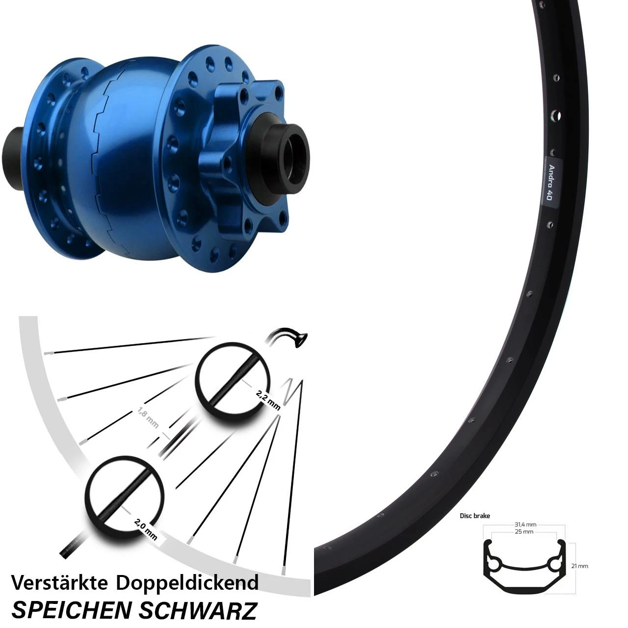 Vorderrad 27,5 Zoll Ryde Andra 40 Disc Nabendynamo Blau Son 28-15 1 Vorderrad 27,5 Zoll Ryde Andra 40 Disc Nabendynamo Blau Son 28-15