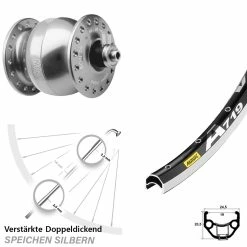 Nabendynamo Vorderrad Son 28 Silbern Eloxiert 28 Zoll Mavic A 719