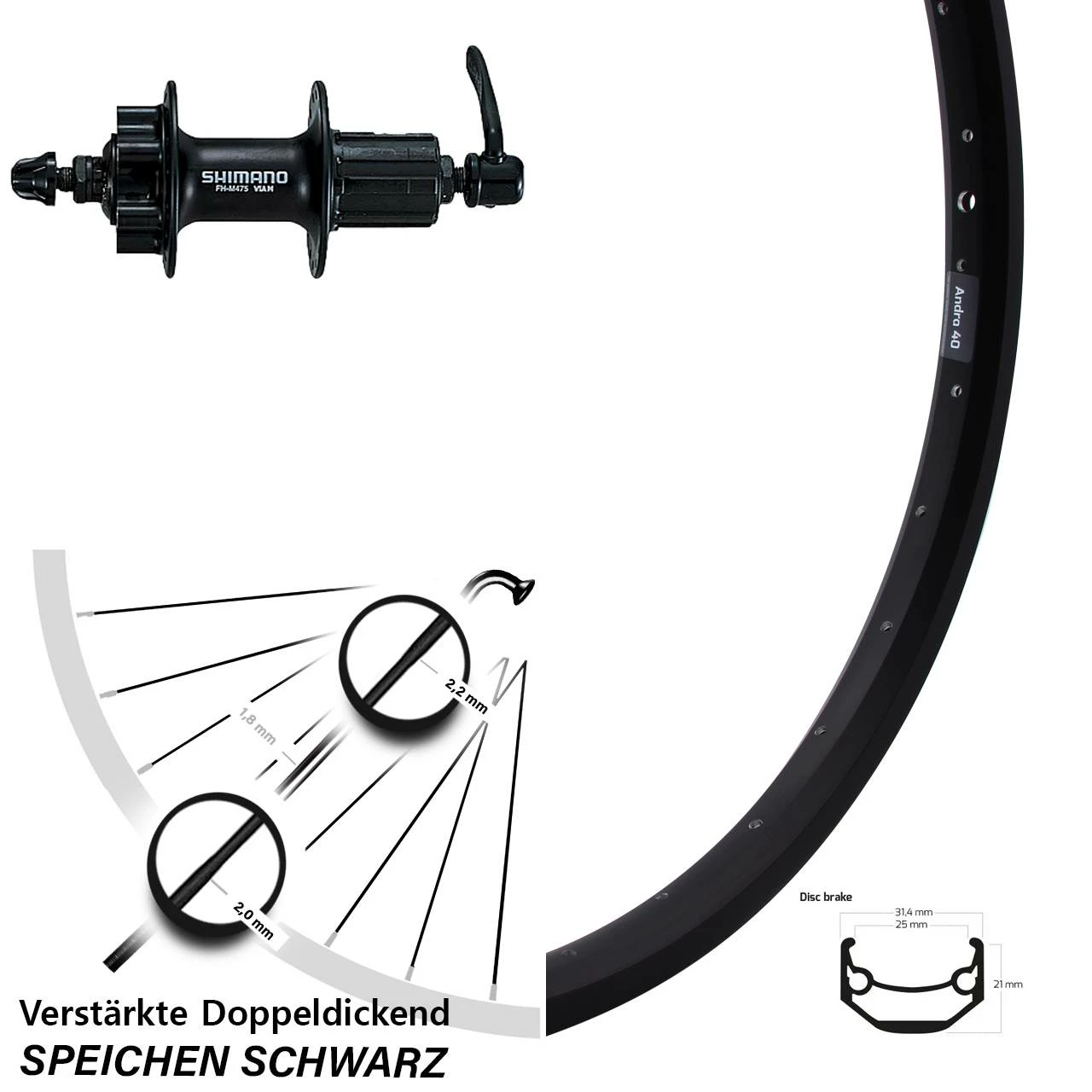 Shimano FH-M475 Ryde Andra 40 Disc Laufrad 28 Und 29 Zoll 6-Loch 1 Shimano FH-M475 Ryde Andra 40 Disc Laufrad 28 Und 29 Zoll 6-Loch