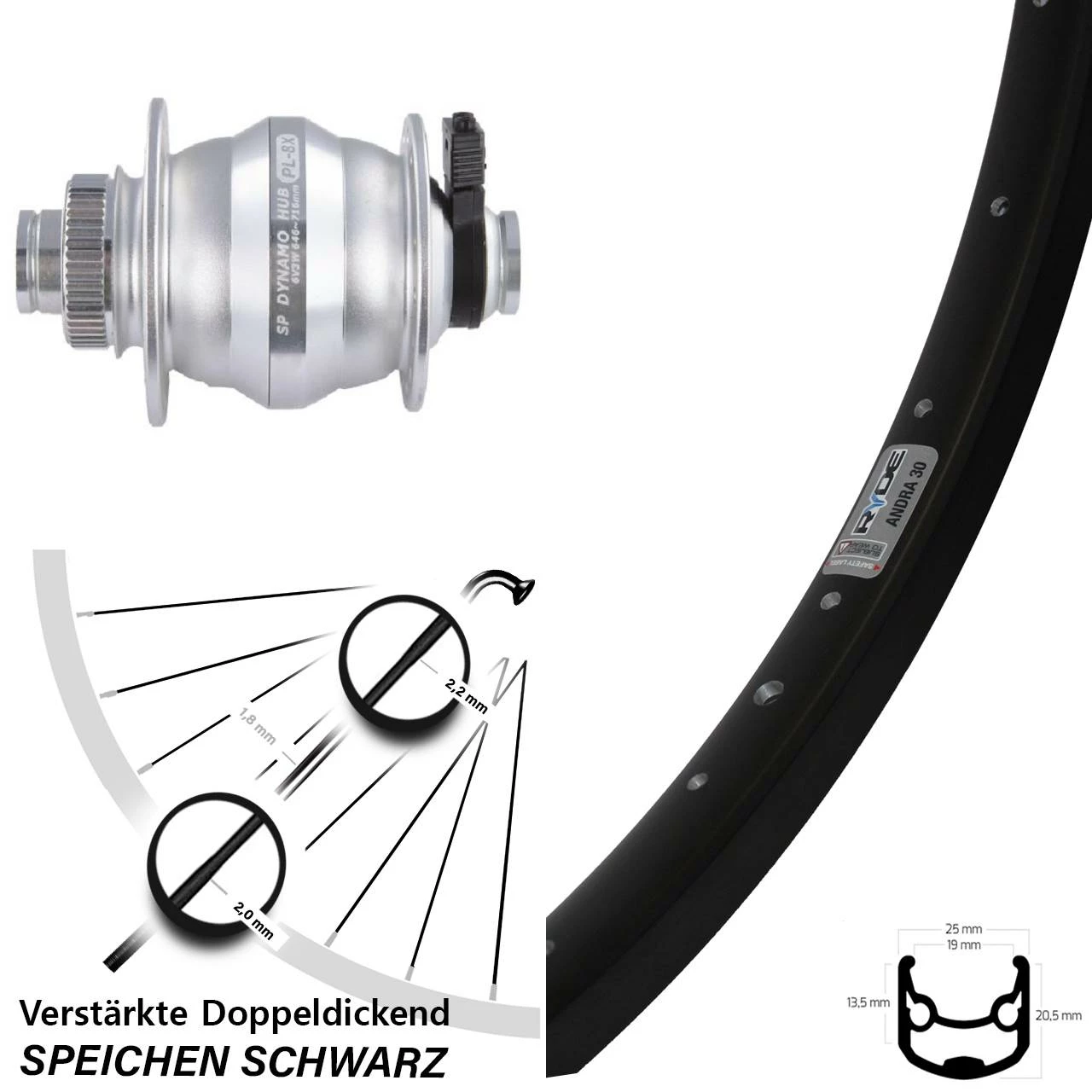 Vorderrad Mit Nabendynamo Shutter Precision PL-8XM 12x100 Ryde Andra 30 Disc 28 Zoll 1 Vorderrad Mit Nabendynamo Shutter Precision PL-8XM 12x100 Ryde Andra 30 Disc 28 Zoll