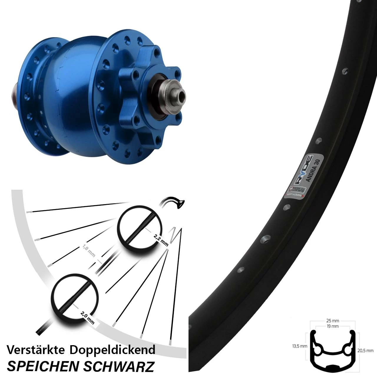 Vorderrad 28 Zoll Ryde Andra 30 Disc SON Nabendynamo Blau 1 Vorderrad 28 Zoll Ryde Andra 30 Disc SON Nabendynamo Blau