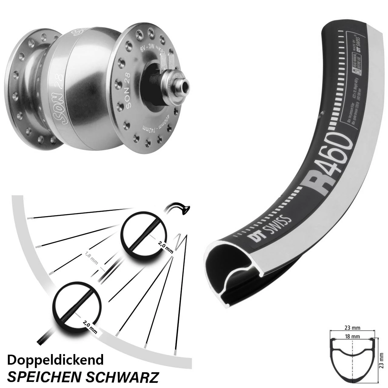 Dt-swiss Vorderrad Rennrad Mit Son Nabendynamo 28 Zoll DT R-460 Silber Eloxiert 1 Dt-swiss Vorderrad Rennrad Mit Son Nabendynamo 28 Zoll DT R-460 Silber Eloxiert