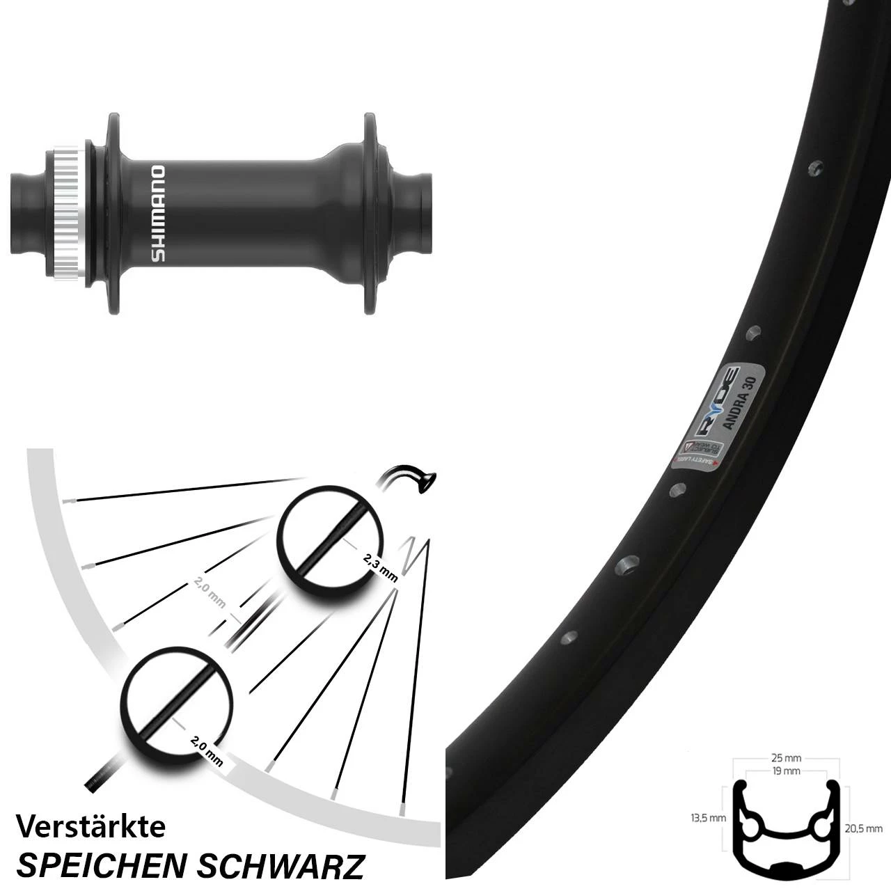 Ryde Andra 30 Disc Scheibenbrems-Vorderrad 26 Zoll Shimano HB-MT410 1 Ryde Andra 30 Disc Scheibenbrems-Vorderrad 26 Zoll Shimano HB-MT410