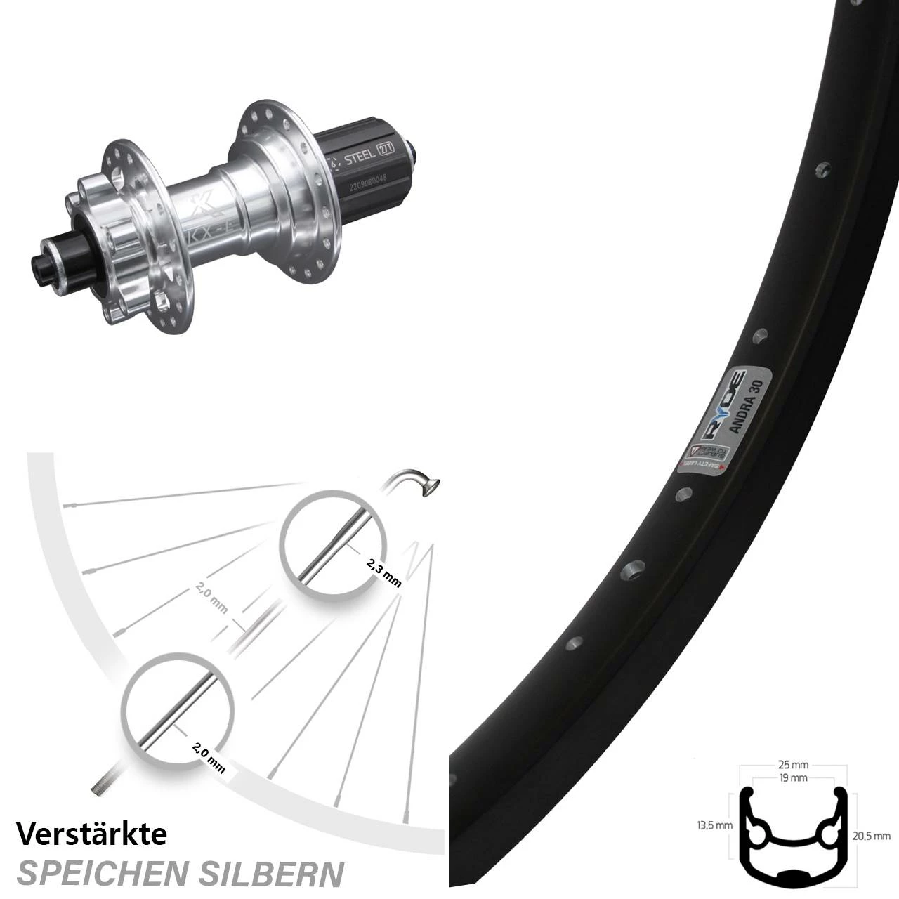 26 Zoll Hinterrad KX-E Nabe Silbern-eloxiert 5x135 Mm 6-Loch 11-fach Ryde Andra 30 Disc 1 26 Zoll Hinterrad KX-E Nabe Silbern-eloxiert 5x135 Mm 6-Loch 11-fach Ryde Andra 30 Disc