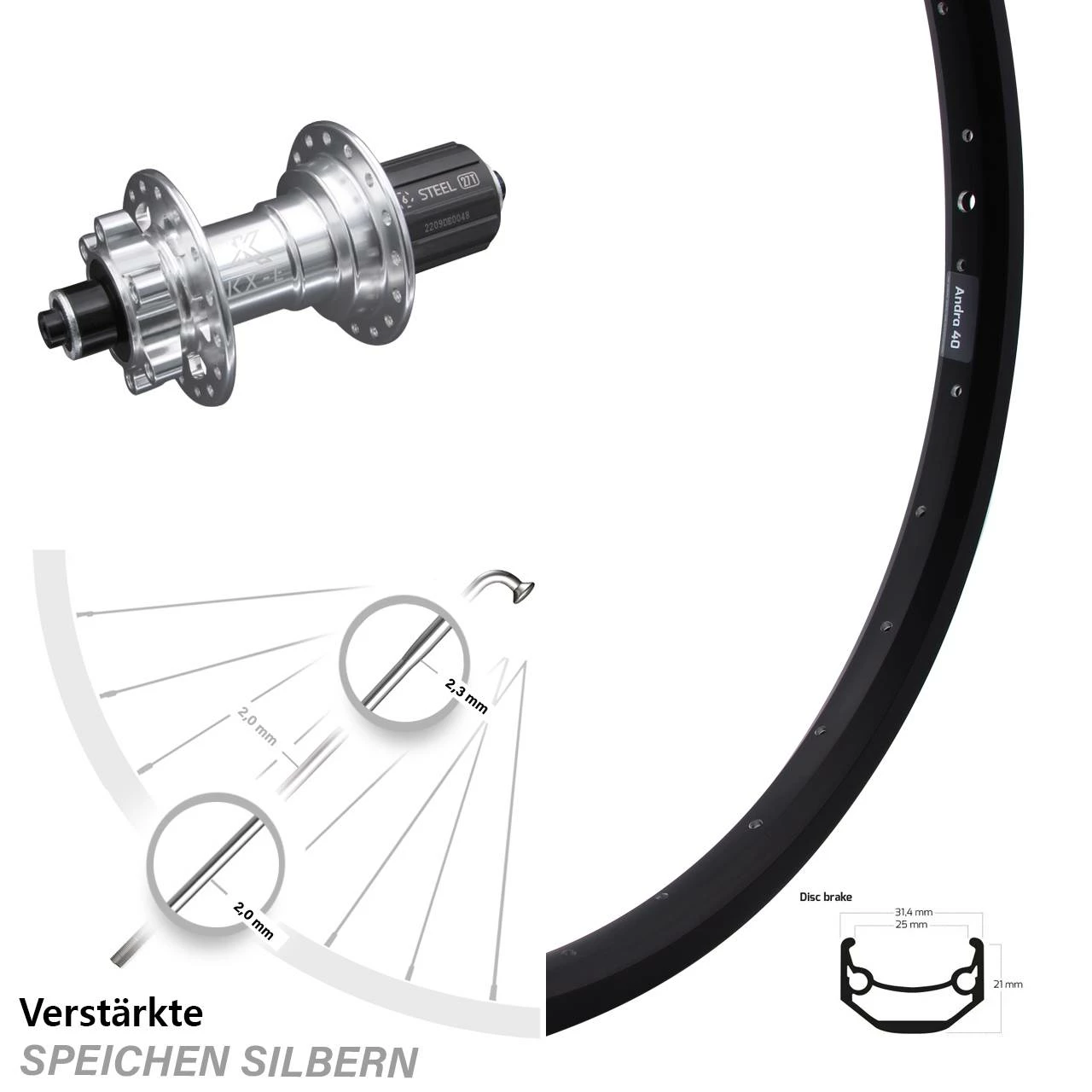 26 Zoll Hinterrad KX-E Nabe Silbern-eloxiert 6-Loch Ryde Andra 40 Disc Für Schnellspanner 1 26 Zoll Hinterrad KX-E Nabe Silbern-eloxiert 6-Loch Ryde Andra 40 Disc Für Schnellspanner