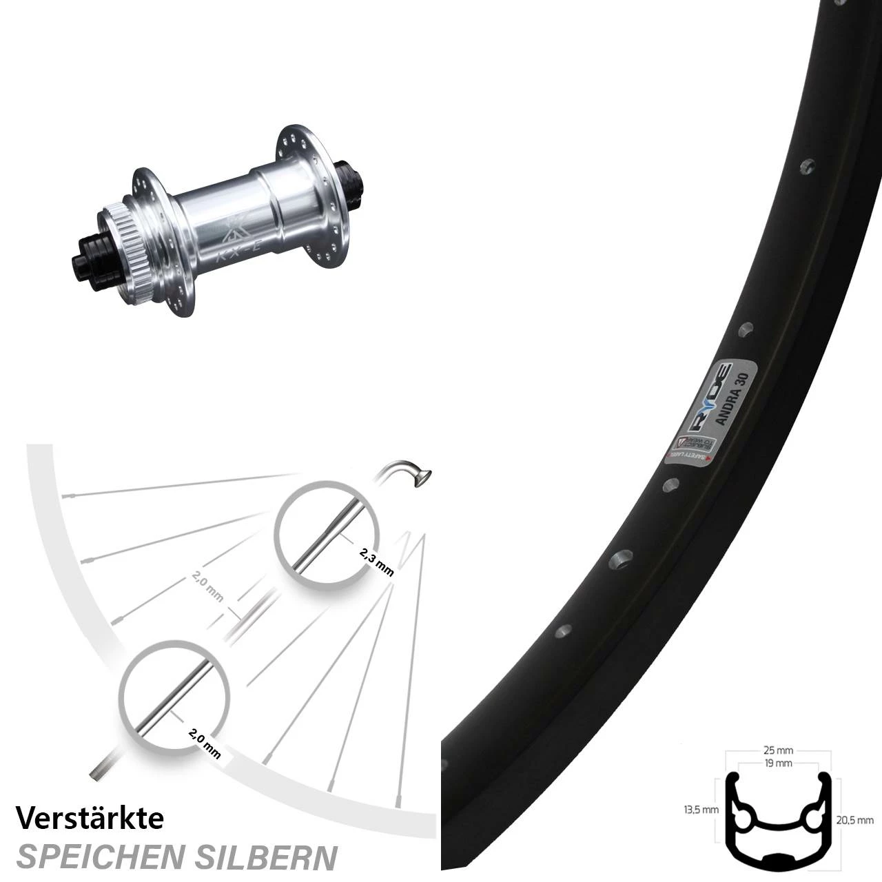 28-29 Zoll Vorderrad KX-E Nabe Centerlock 5x100 Mm Silbern Eloxiert Ryde Andra 30 Disc 1 28-29 Zoll Vorderrad KX-E Nabe Centerlock 5x100 Mm Silbern Eloxiert Ryde Andra 30 Disc