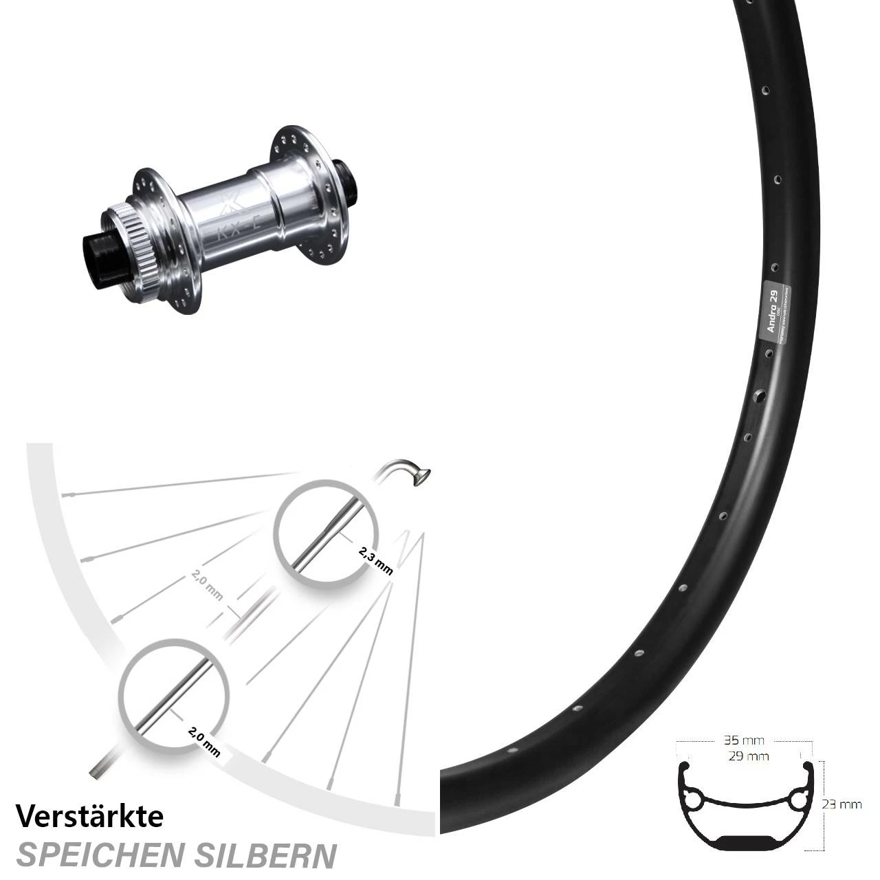 Vorderrad 24 Zoll Mit KX-E Nabe Silbern Centerlock 15x100 Mm Ryde Andra 29 Disc 1 Vorderrad 24 Zoll Mit KX-E Nabe Silbern Centerlock 15x100 Mm Ryde Andra 29 Disc