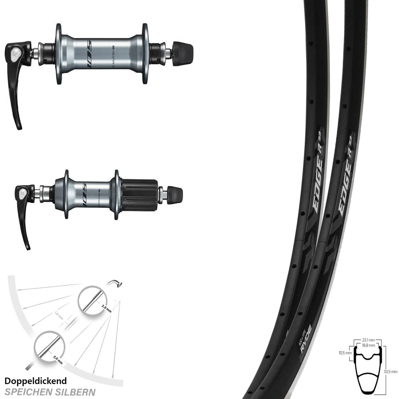 Laufradsatz Road Ryde Edge R33 Shimano 105 Silber 11-fach 1 Laufradsatz Road Ryde Edge R33 Shimano 105 Silber 11-fach