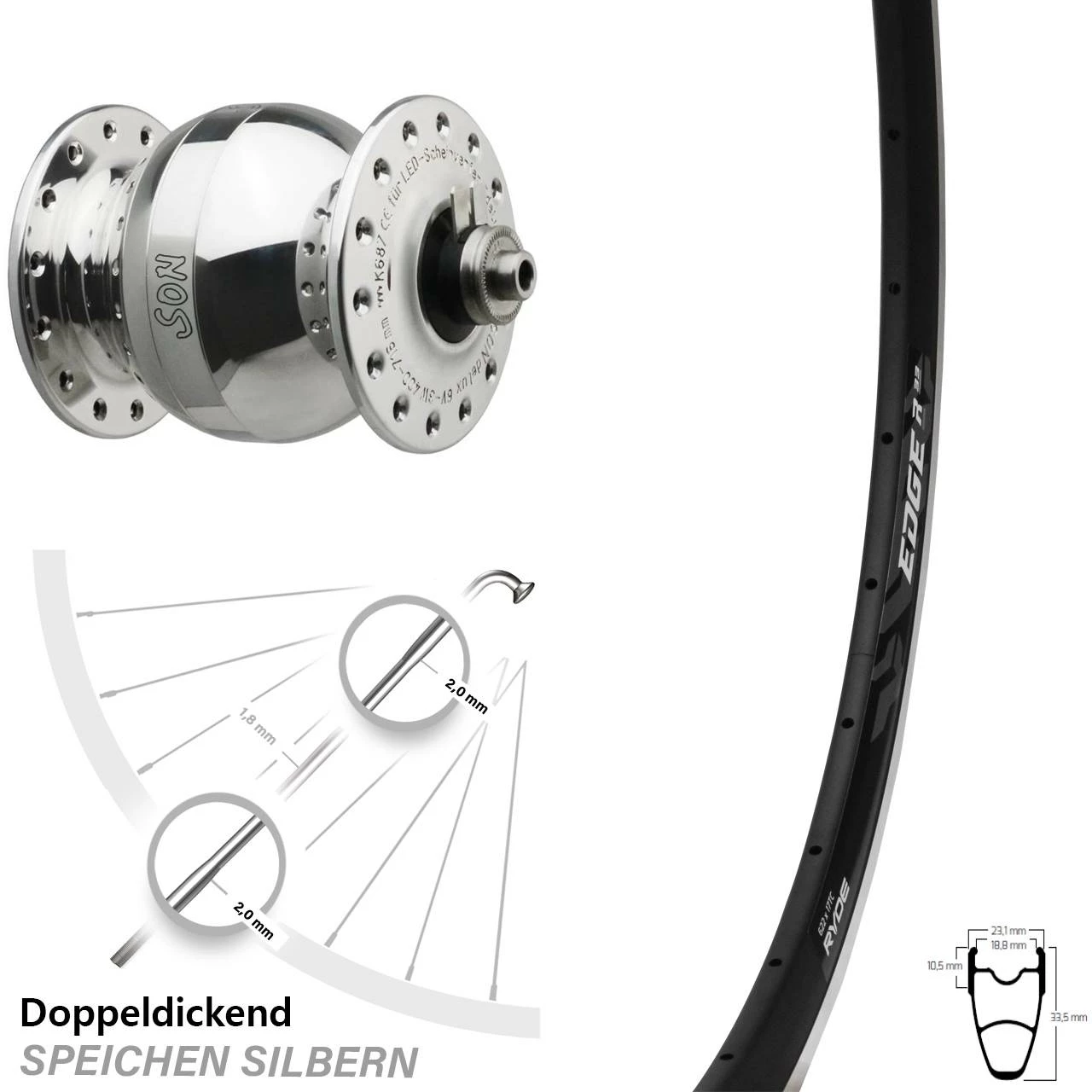 SON Delux Silbern Wide Body Ryde Edge R33 Fahrrad-Vorderrad 28 Zoll Schwarz 1 SON Delux Silbern Wide Body Ryde Edge R33 Fahrrad-Vorderrad 28 Zoll Schwarz