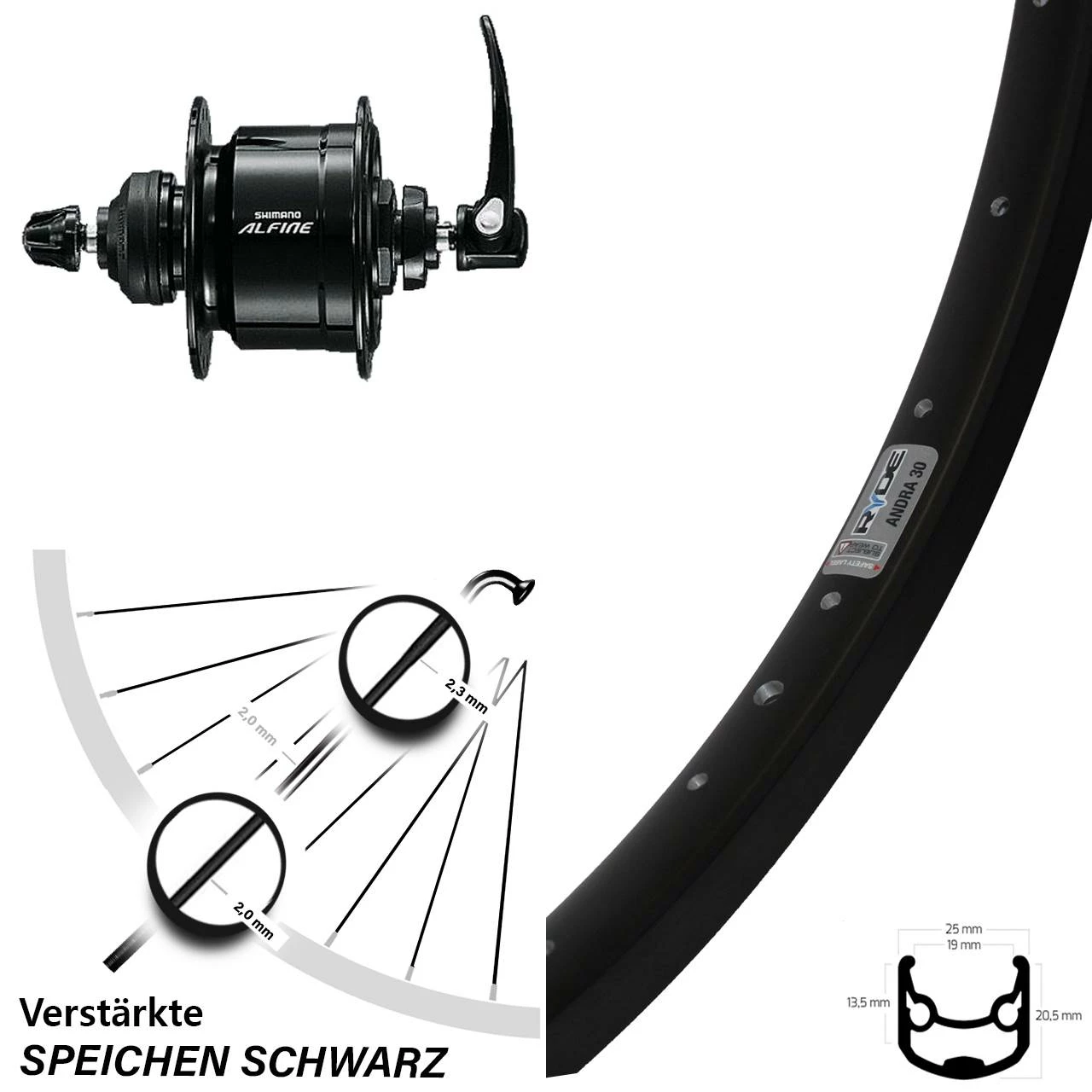 Vorderrad 28-29 Zoll Ryde Andra 30 DB Schwarz Shimano Alfine Dynamo Scheibenbremse 1 Vorderrad 28-29 Zoll Ryde Andra 30 DB Schwarz Shimano Alfine Dynamo Scheibenbremse